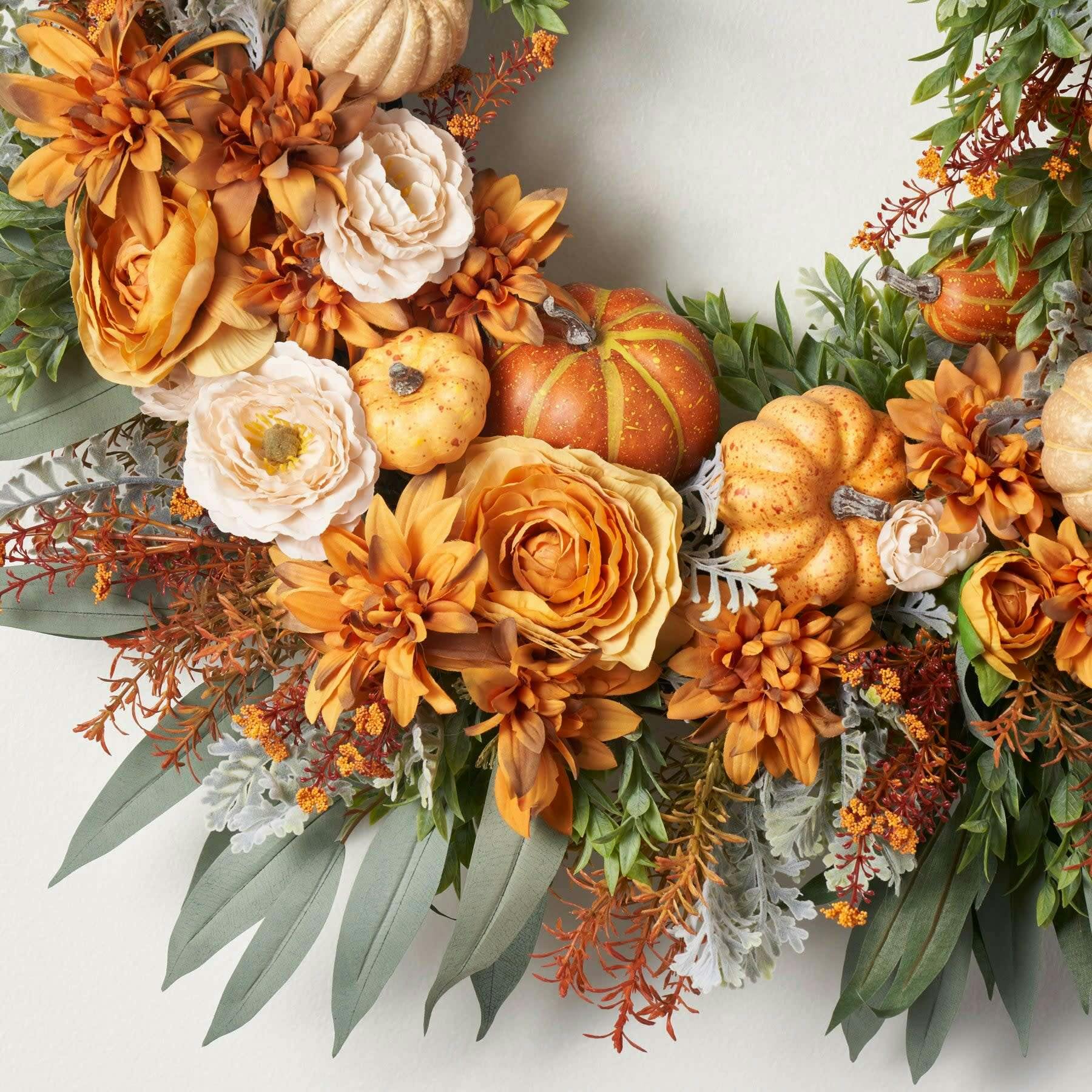 Mixed Autumn Pumpkin, Burnt Orange Sunflowers, Cream Ranunculus & Needle Leaf Eucalyptus Front Door Fall Wreath