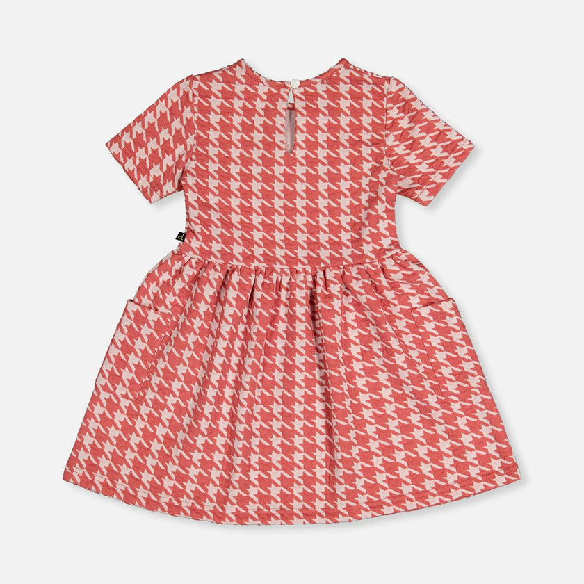 Short Sleeve Dress With Pockets Pink And White Houndstooth