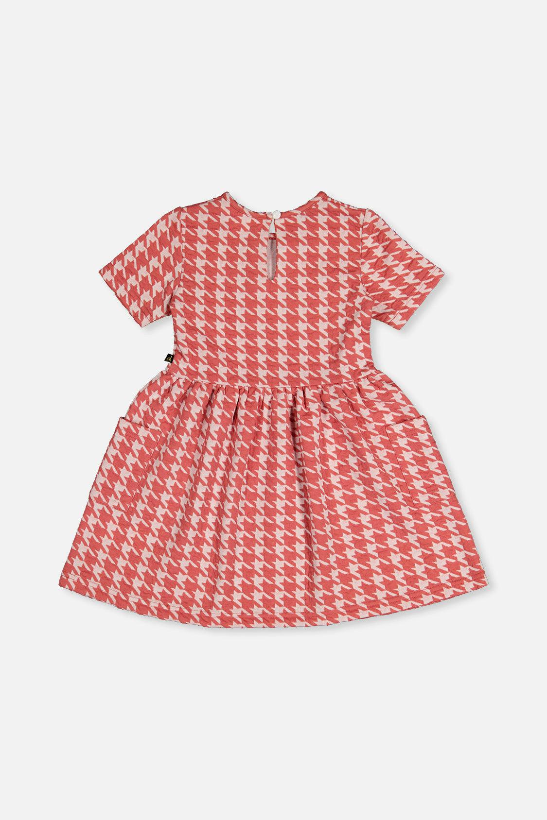 Short Sleeve Dress With Pockets Pink And White Houndstooth