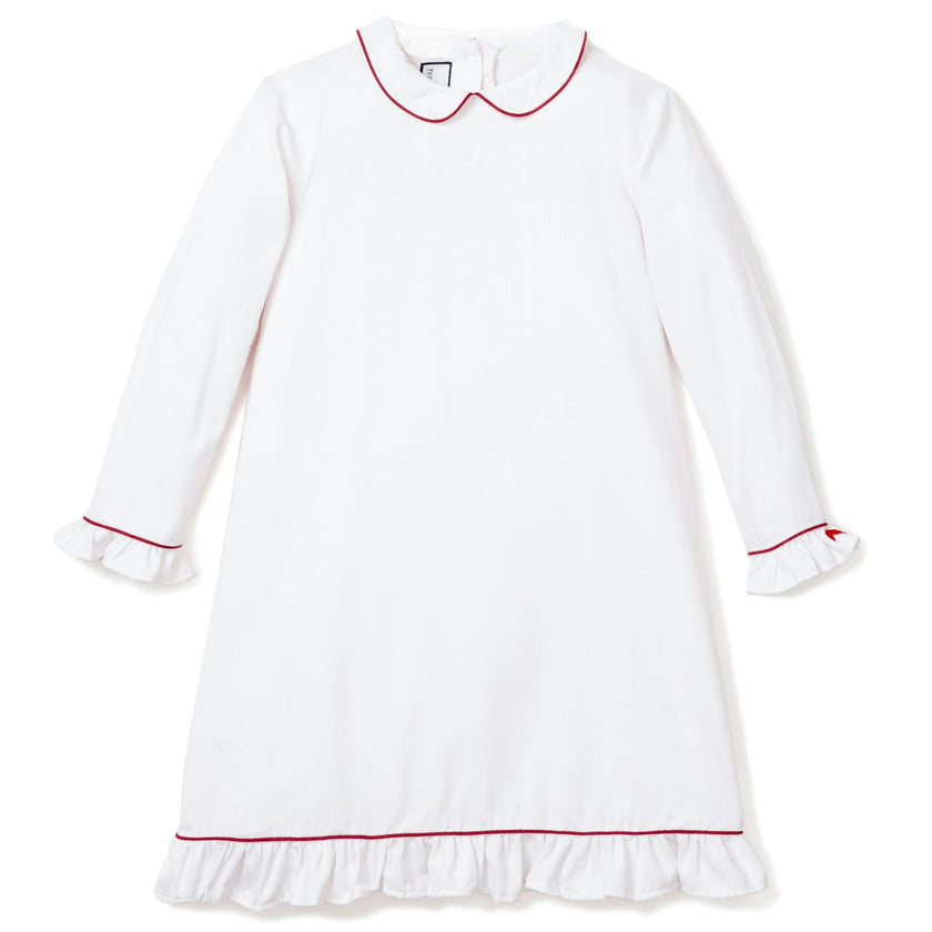 Girl's White Sophia Nightgown with Red Piping