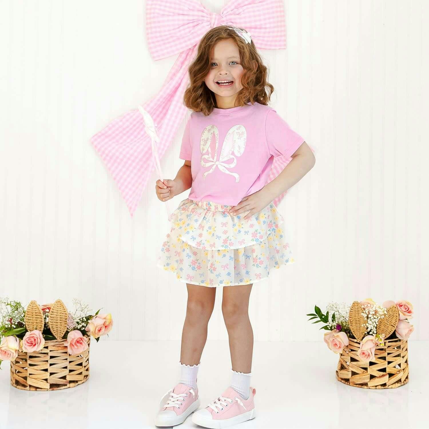 Lace Bunny Bow Patch Easter Short Sleeve T-Shirt - Pink