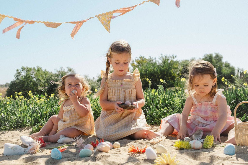 Smock Flutter Dress in Yellow Gingham/Strawberry
