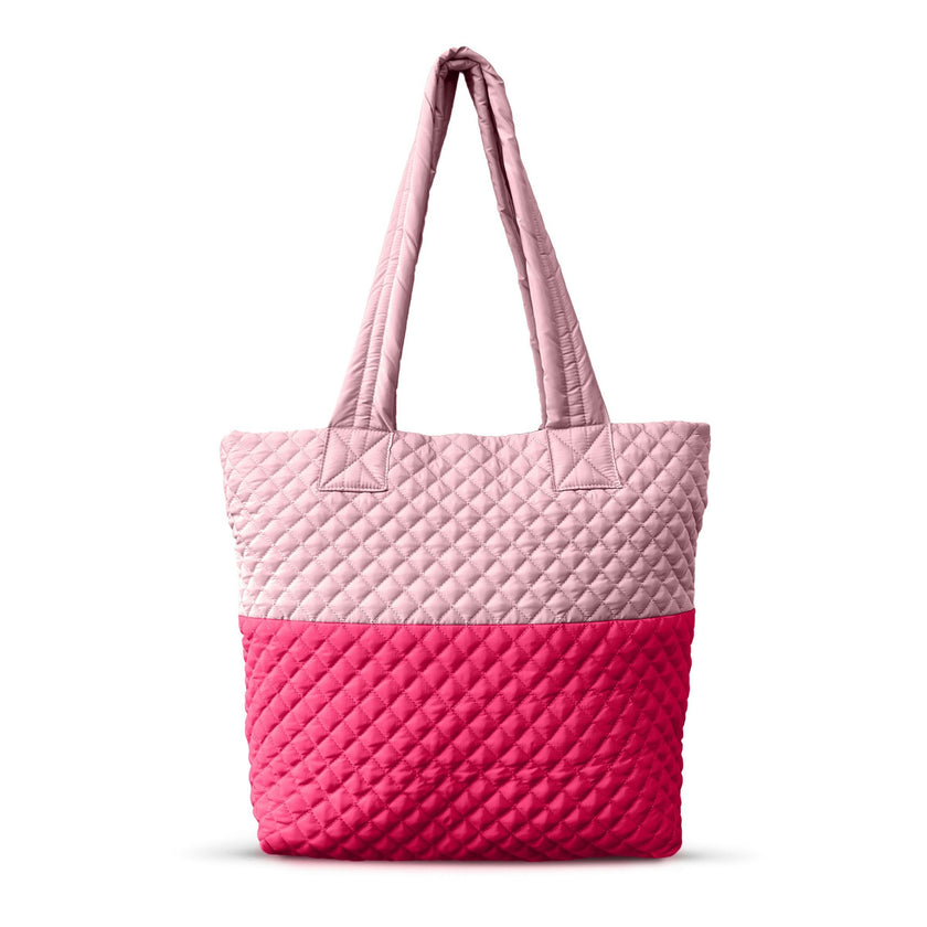 Newport Two-Tone Quilted Tote Bag with Zipper Closure - Pink/Peach