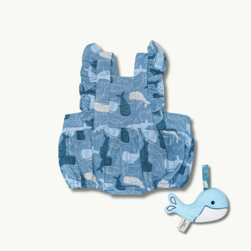 Organic Muslin Romper & Whale Toy Gift Set - Whale Tales