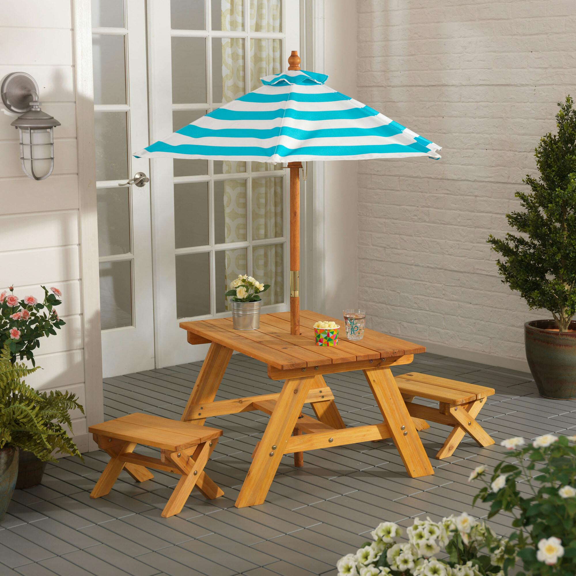 Outdoor Table and Bench Set with Umbrella