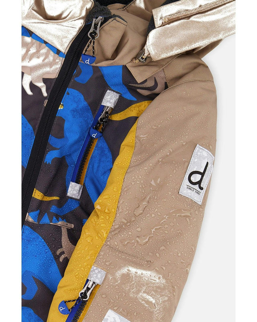 Kids One Piece Play Snowsuit Grey And Blue Dinosaur Print