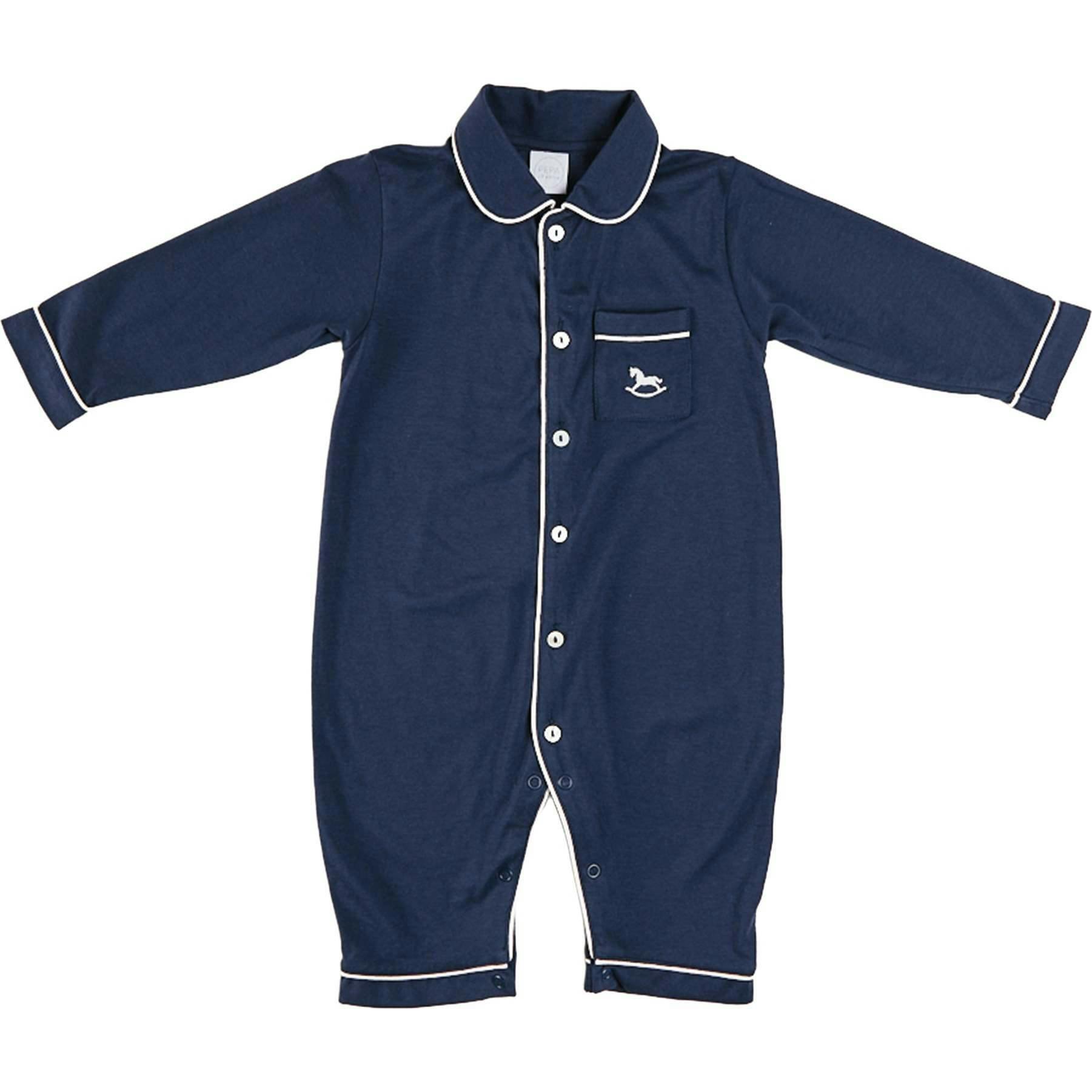 Rocking Horse Embroidered Pima Cotton All In One Pyjamas in Navy (6mths-3yrs)