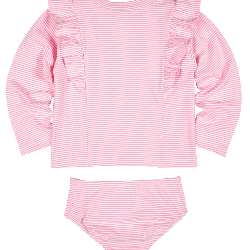 Stripe Seersucker Rashguard Swimsuit With Flower