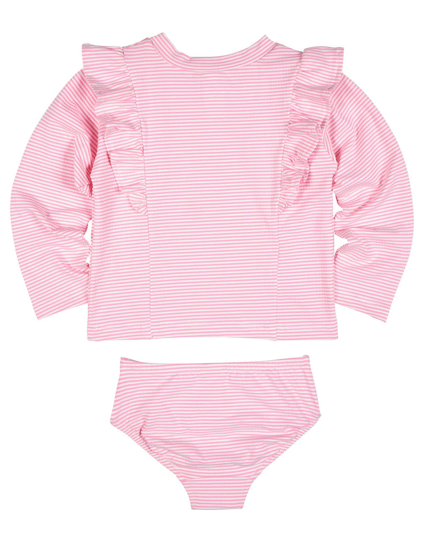 Stripe Seersucker Rashguard Swimsuit With Flower