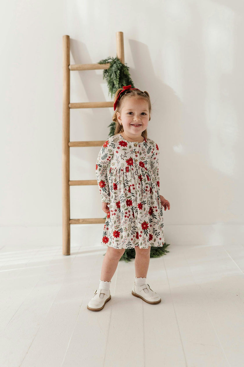 Girls Long Sleeve Henley Dress in Poinsettia