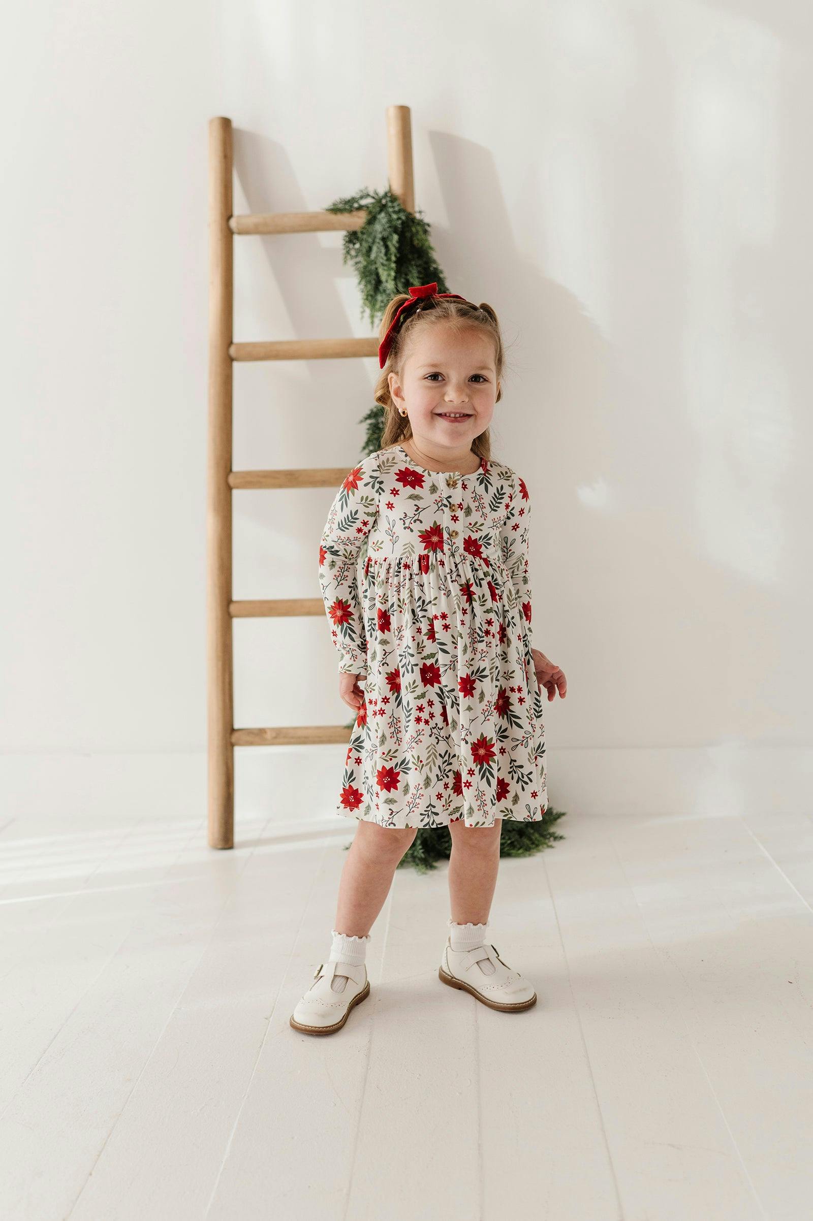 Girls Long Sleeve Henley Dress in Poinsettia