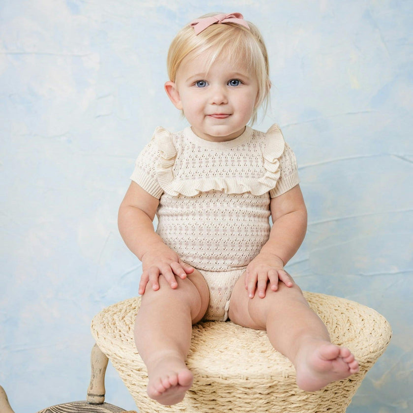 Girls Pointelle Jacquard Knit Romper Ecru