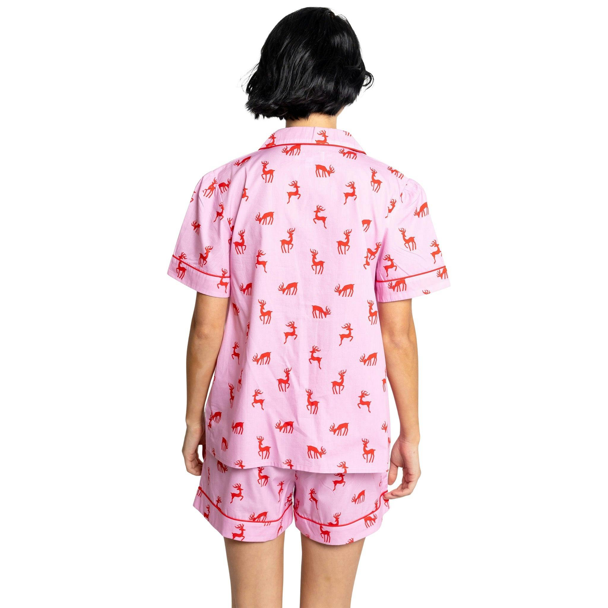 Women's Reindeer Pink Short PJ Set - Organic Cotton Poplin