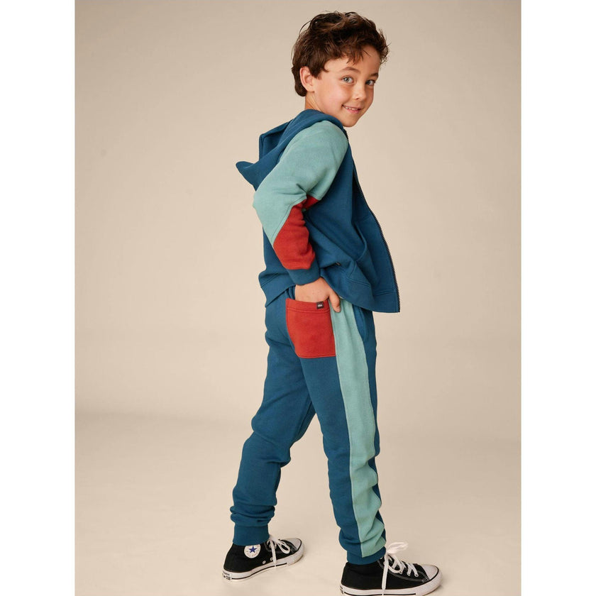 Colorblock Stripe-Out Elastic Waist Drawstring Pocket Joggers, Blue