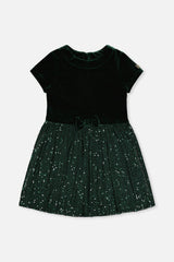 Bi-Material Short Sleeve Dress With Glittering Skirt Green Forest