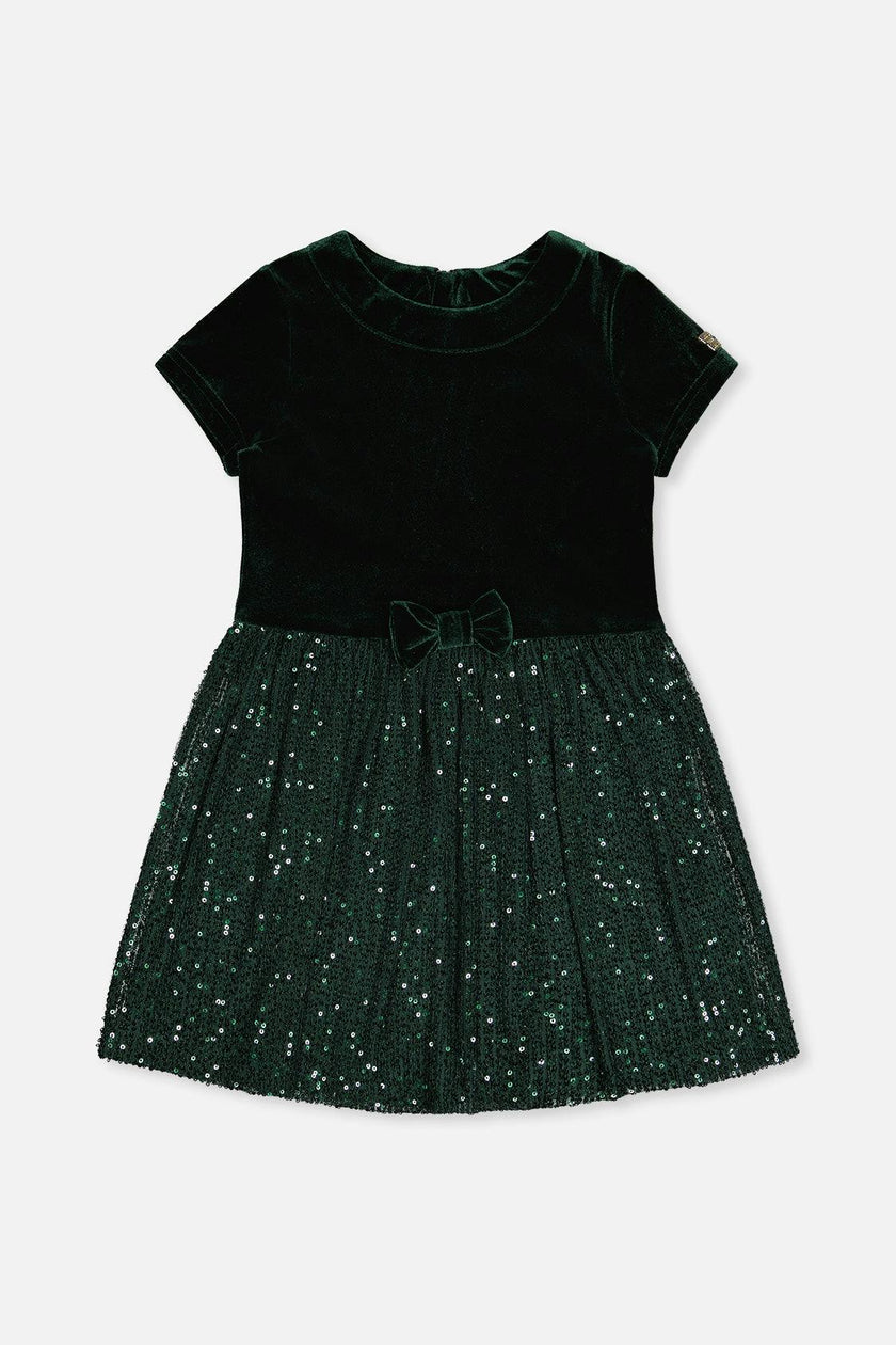 Bi-Material Short Sleeve Dress With Glittering Skirt Green Forest
