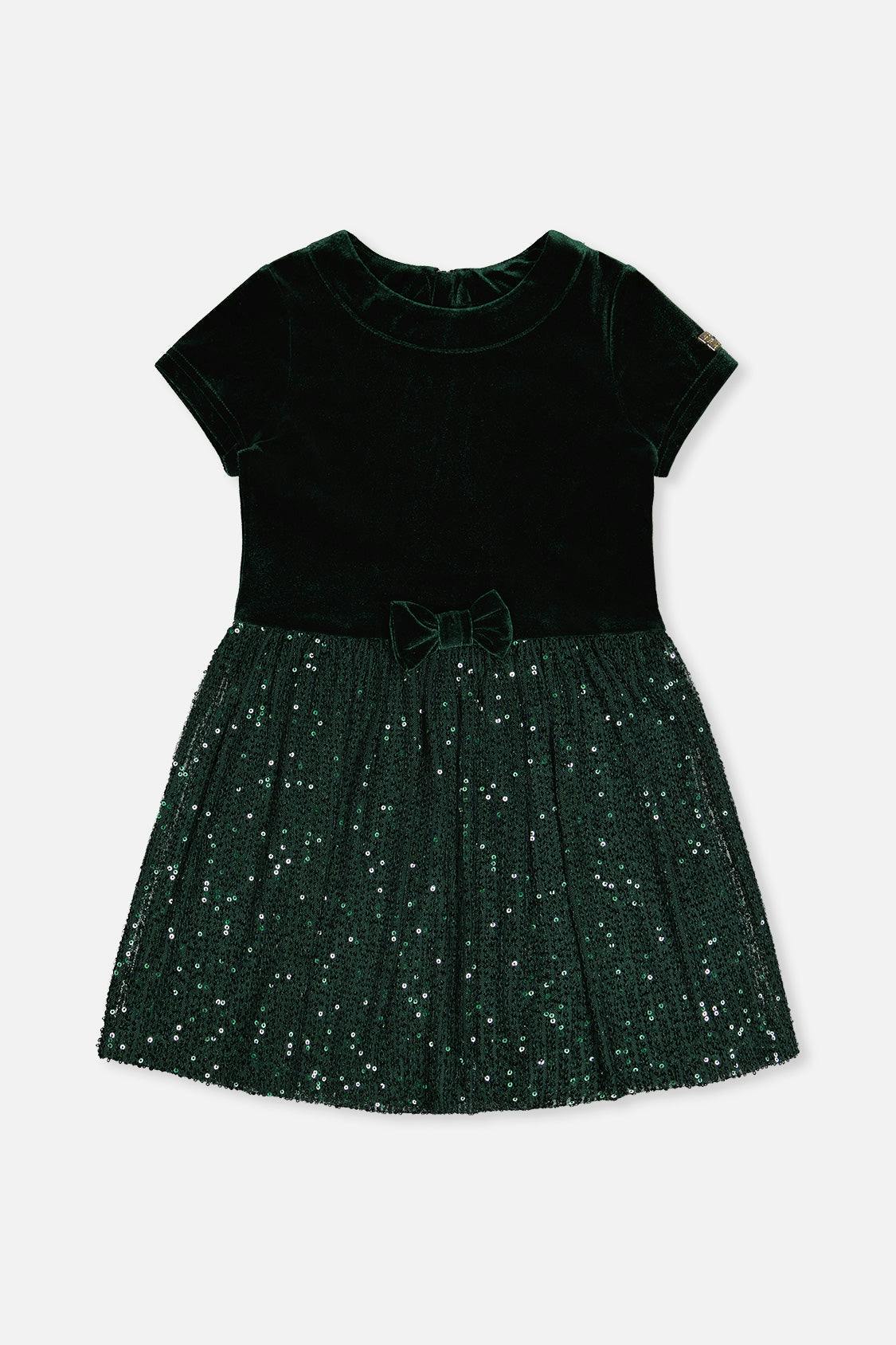 Bi-Material Short Sleeve Dress With Glittering Skirt Green Forest