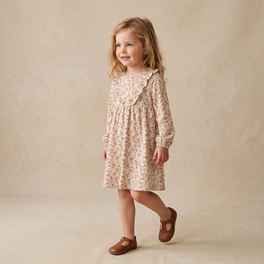Organic Long Sleeve Ruffle -V- Dress - Petal Whispers