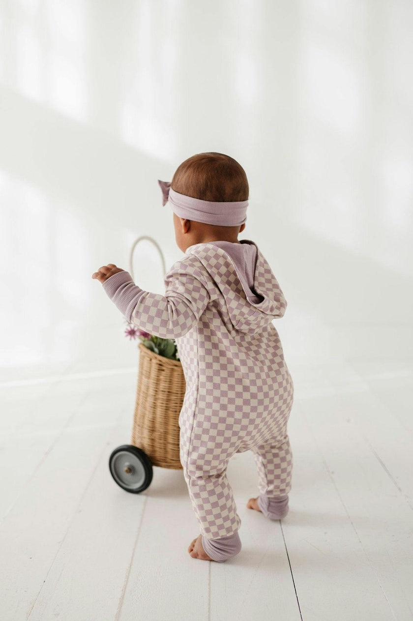 Girls Terry Zip Romper in Lavender Cloud Checkered