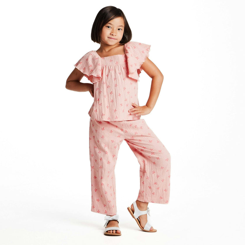 Girls Knit Seersucker Top & Pant Set | Pink Bow Print