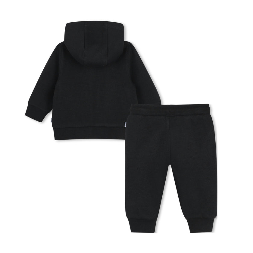 Black Textured Hooded Tracksuit Set