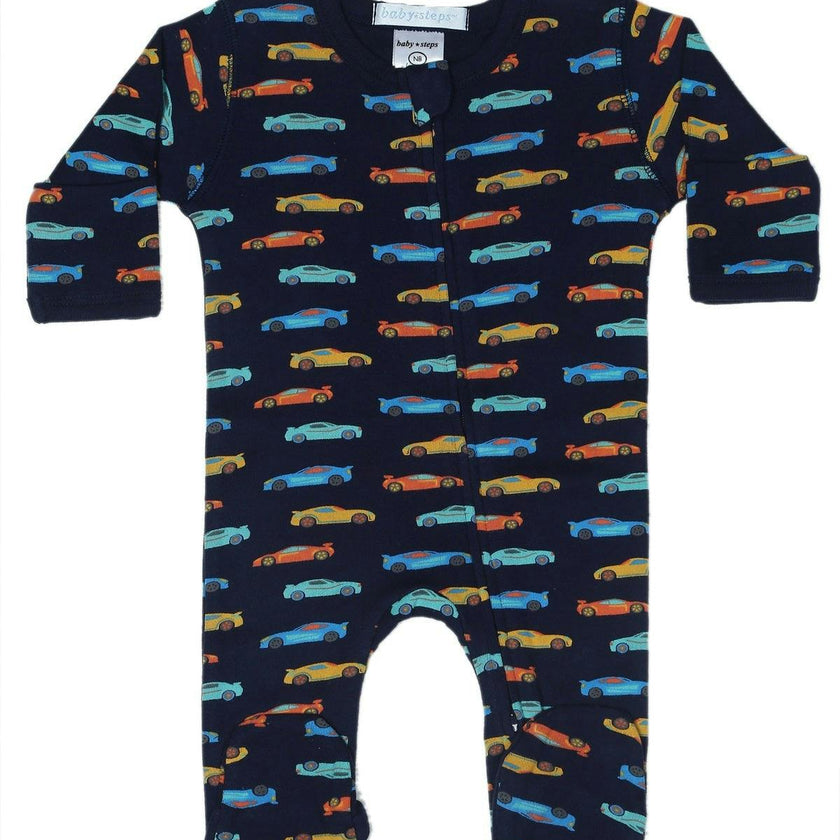 Baby Zipper Footie - Race Cars on Navy