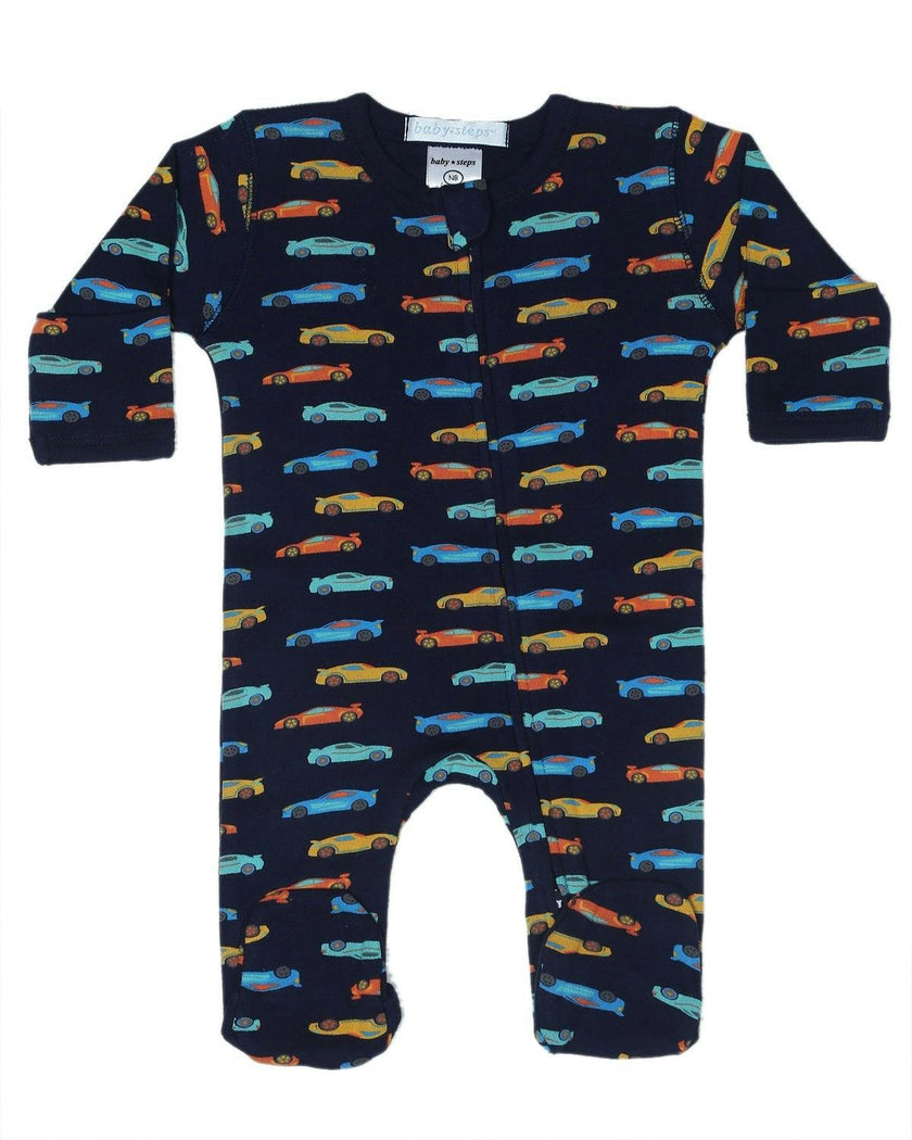 Baby Zipper Footie - Race Cars on Navy