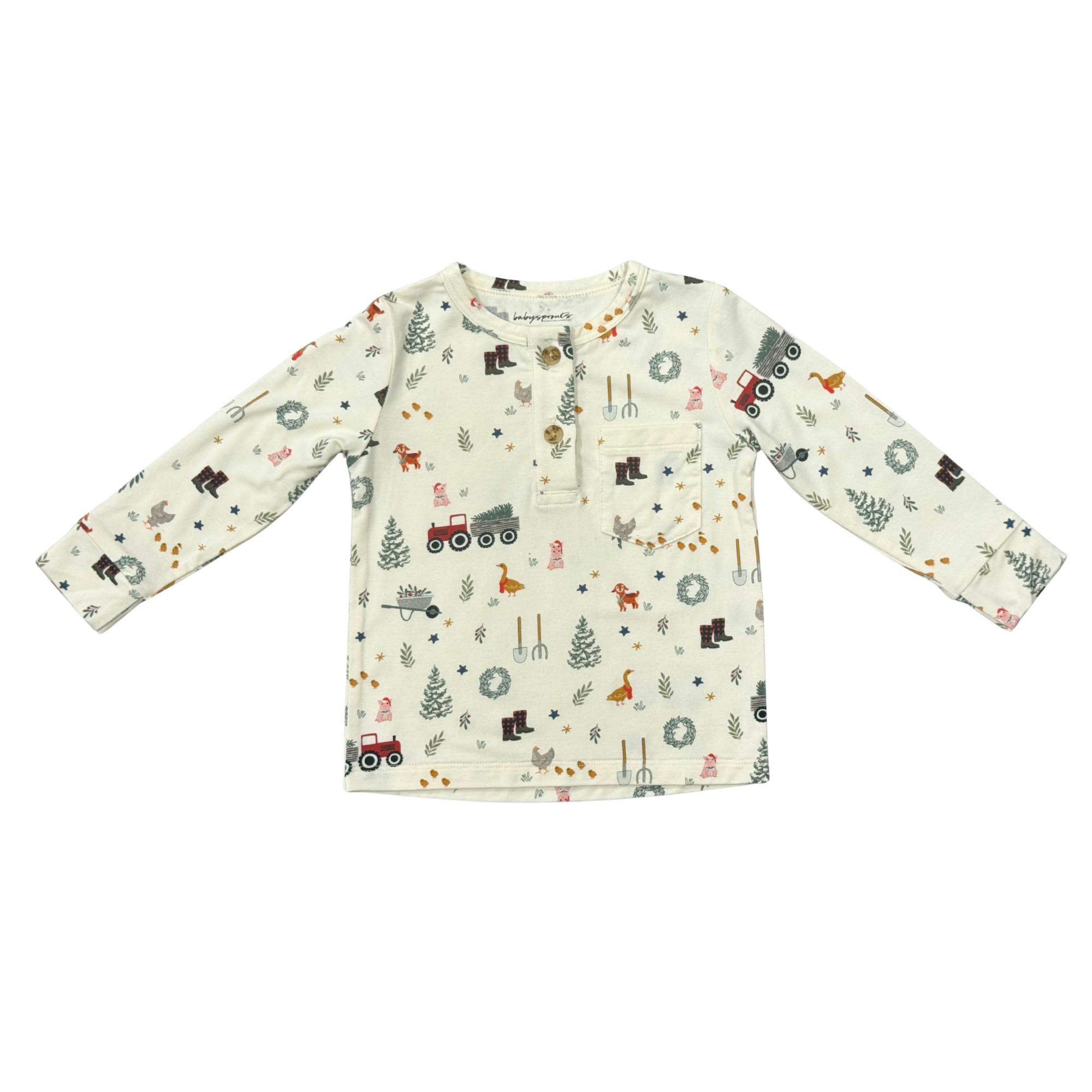 Boys Long Sleeve Henley Shirt in Christmas Farm