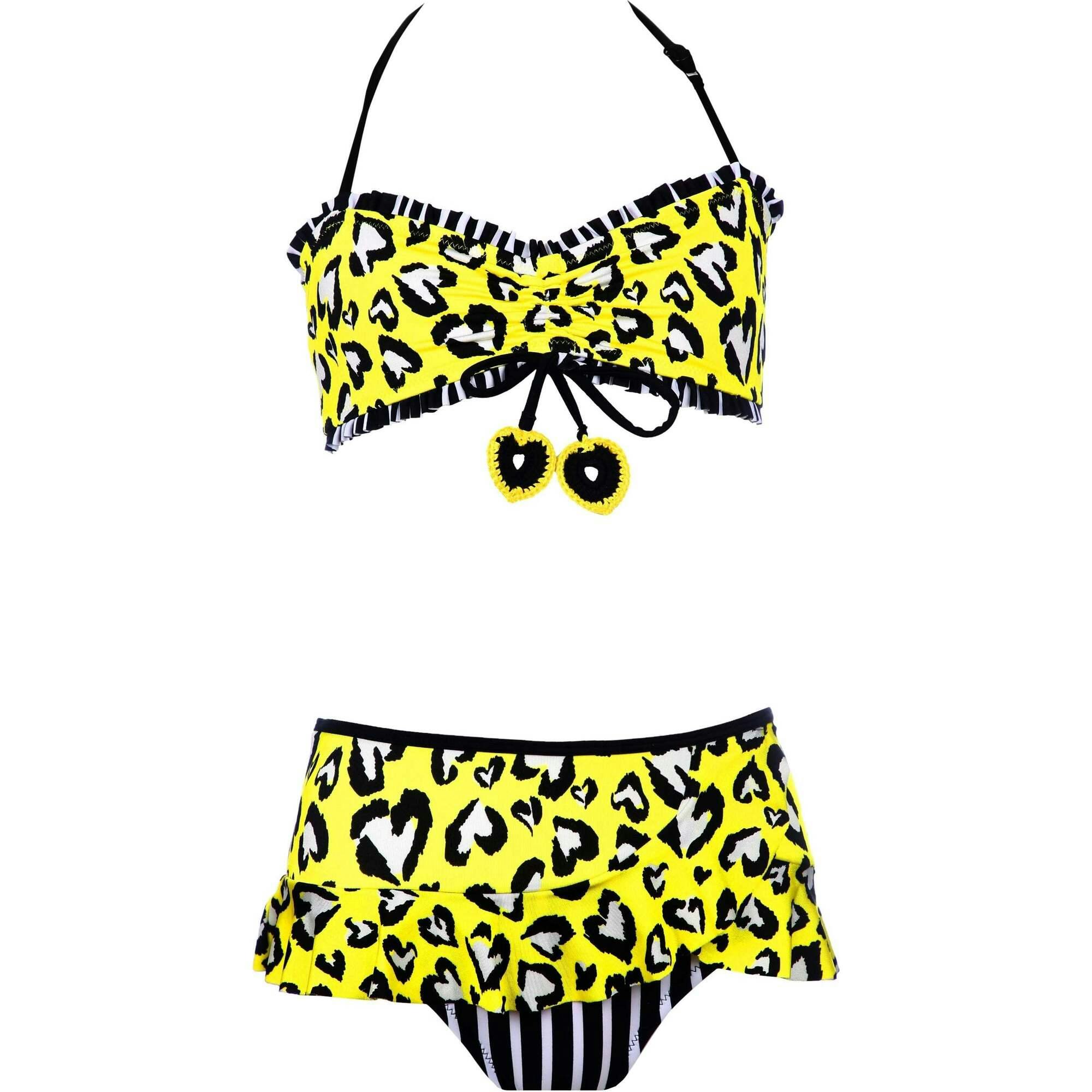 Rossi Heart Print Striped Sleeveless Ruffle 2-Piece Bikini