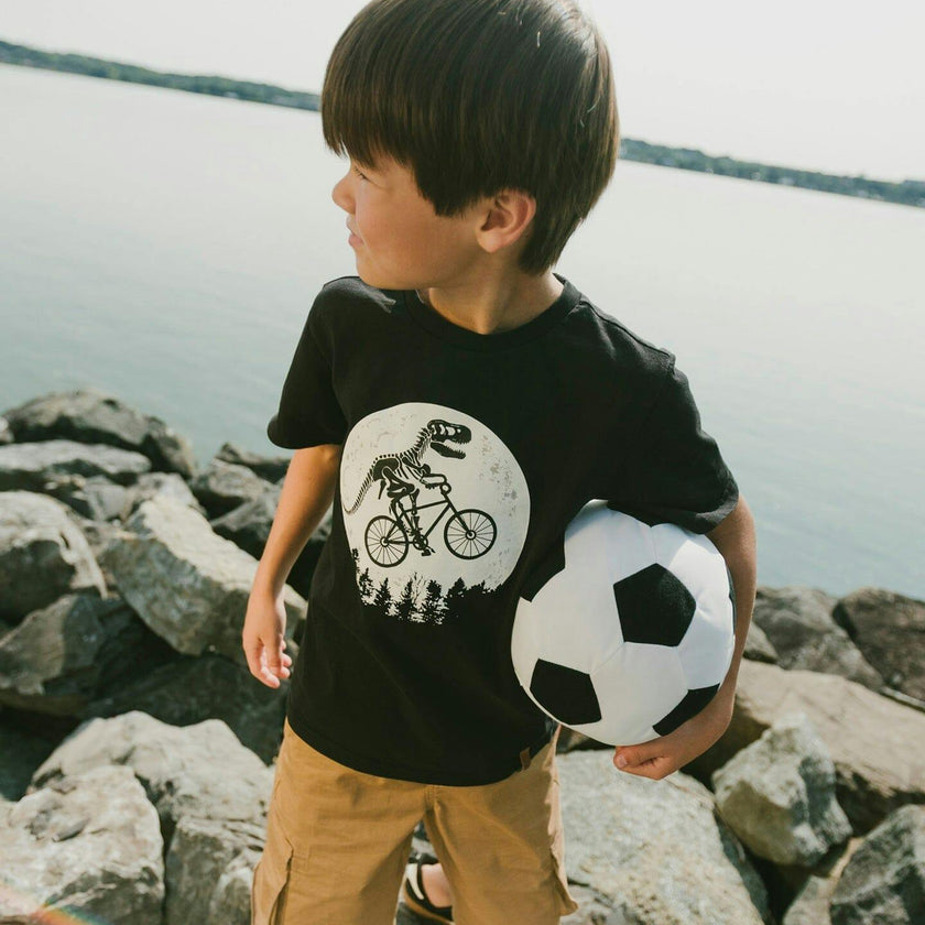 Glow In The Dark Organic Cotton Jersey T-Shirt With Dino On Bike Print Black