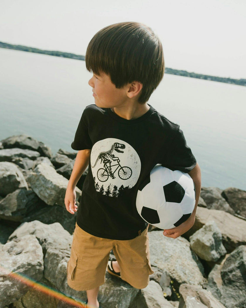 Glow In The Dark Organic Cotton Jersey T-Shirt With Dino On Bike Print Black