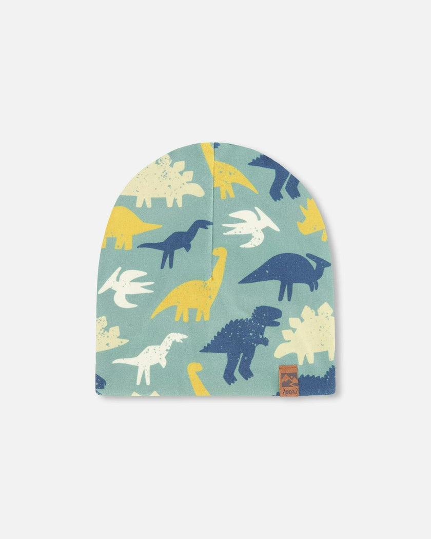 Stretch Jersey Beanie Green Dinosaur Print