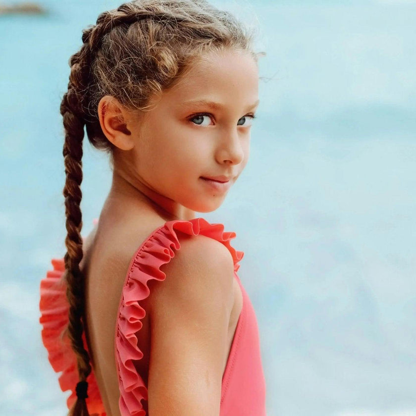 Girls' one-piece swimsuit with ruffles, UPF50+, coral | BORA BORA 1P