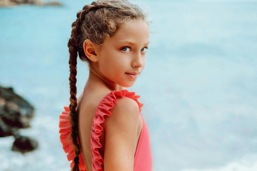 Girls' one-piece swimsuit with ruffles, UPF50+, coral | BORA BORA 1P