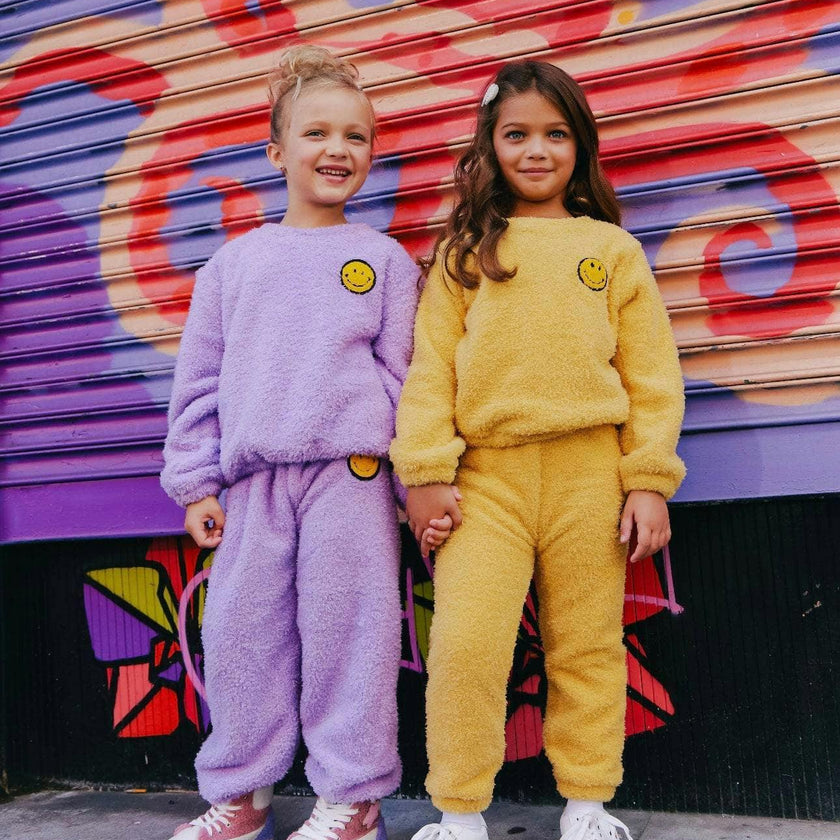 Bright Smiley Fuzzy Sweatshirt And Pant Set