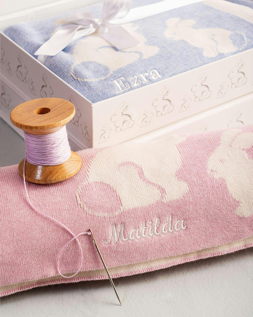 Knitted Bunny Blanket in Pale Blue
