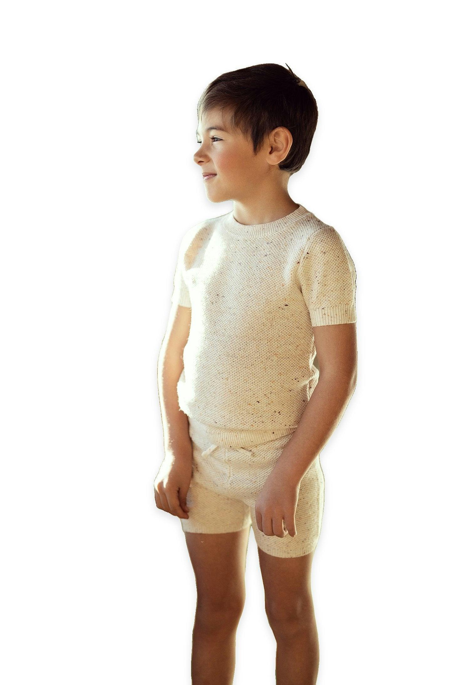 Speckled Knitted Waffle Knit Ribbed Top and Shorts Two Piece Set