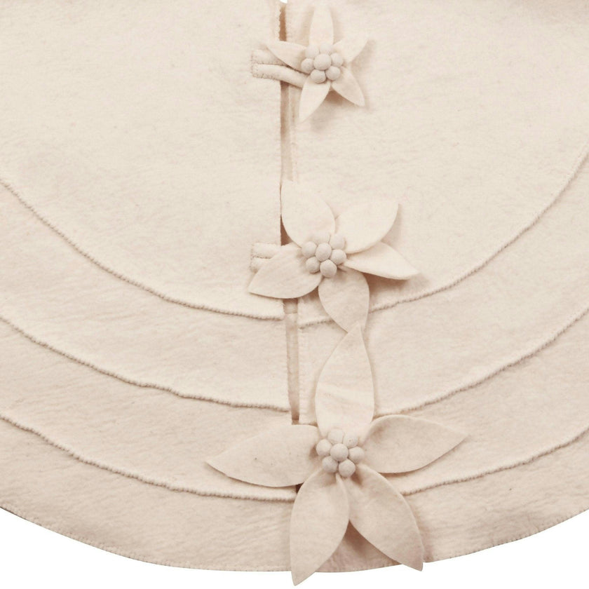 Poinsettia Buttons Cream Hand Felted Wool XL Christmas Tree Skirt 72" Arcadia Home