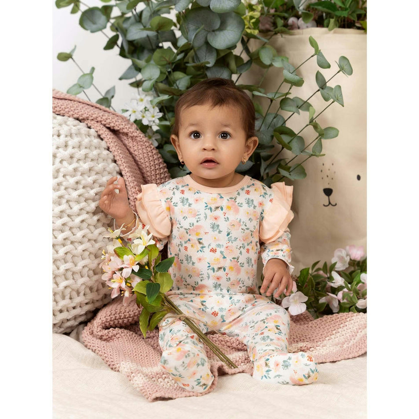 Floral Print Shoulder Ruffle Footie
