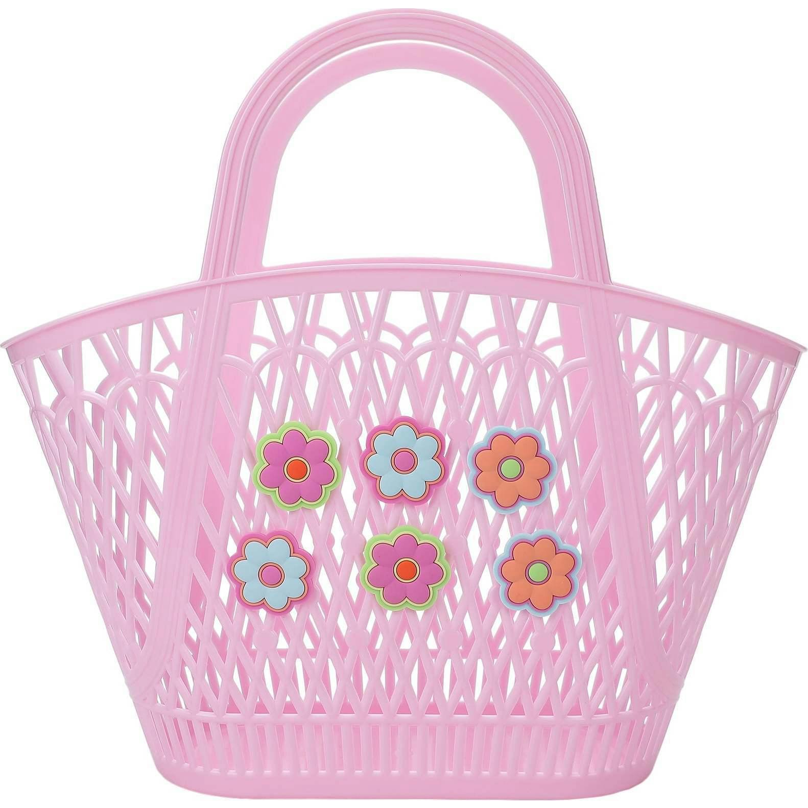 Packed Party Petal Party Pink Silicone Woven Basket with 6 Floral Twisty Charms - Lightweight Open Weave Carryall, 16x10.4 Inch with 15 Inch Handle