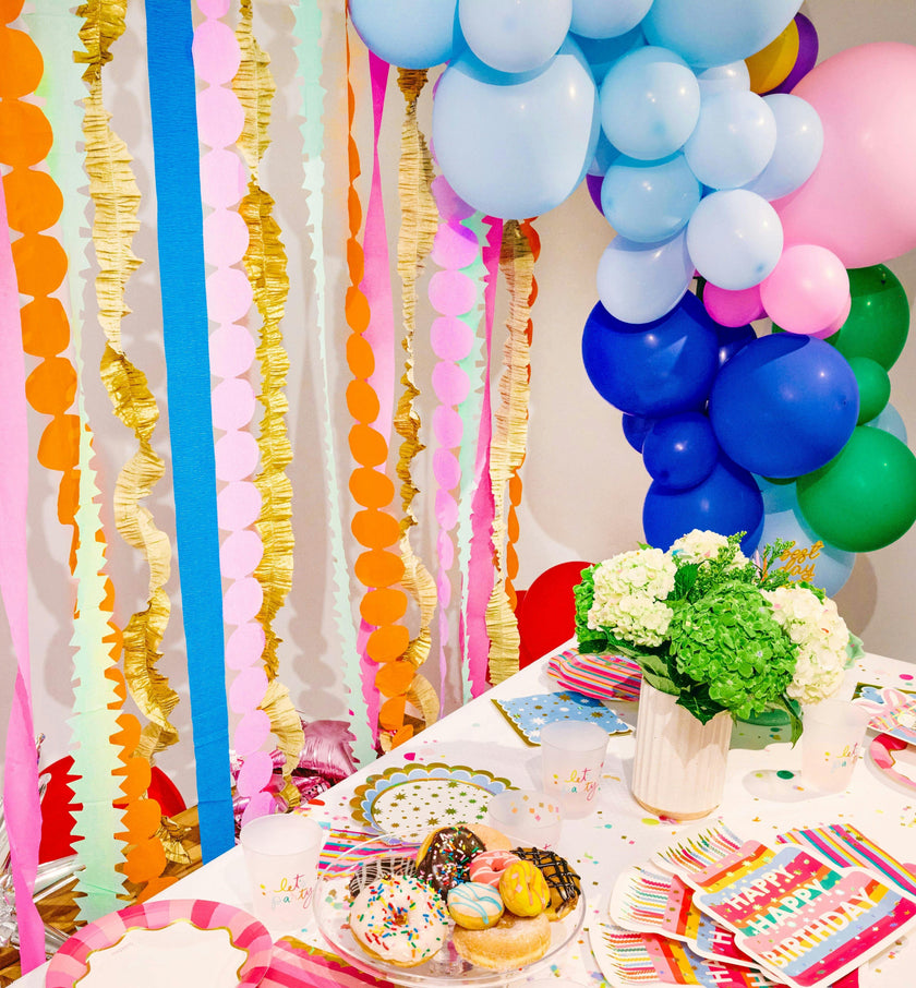 Packed Party Color Pop Streamer Party Backdrop Kit - 6 Colors of 72-Inch Crepe Paper Rolls with 60-Inch Gold Satin Ribbon for Photo Walls and Cake Tables
