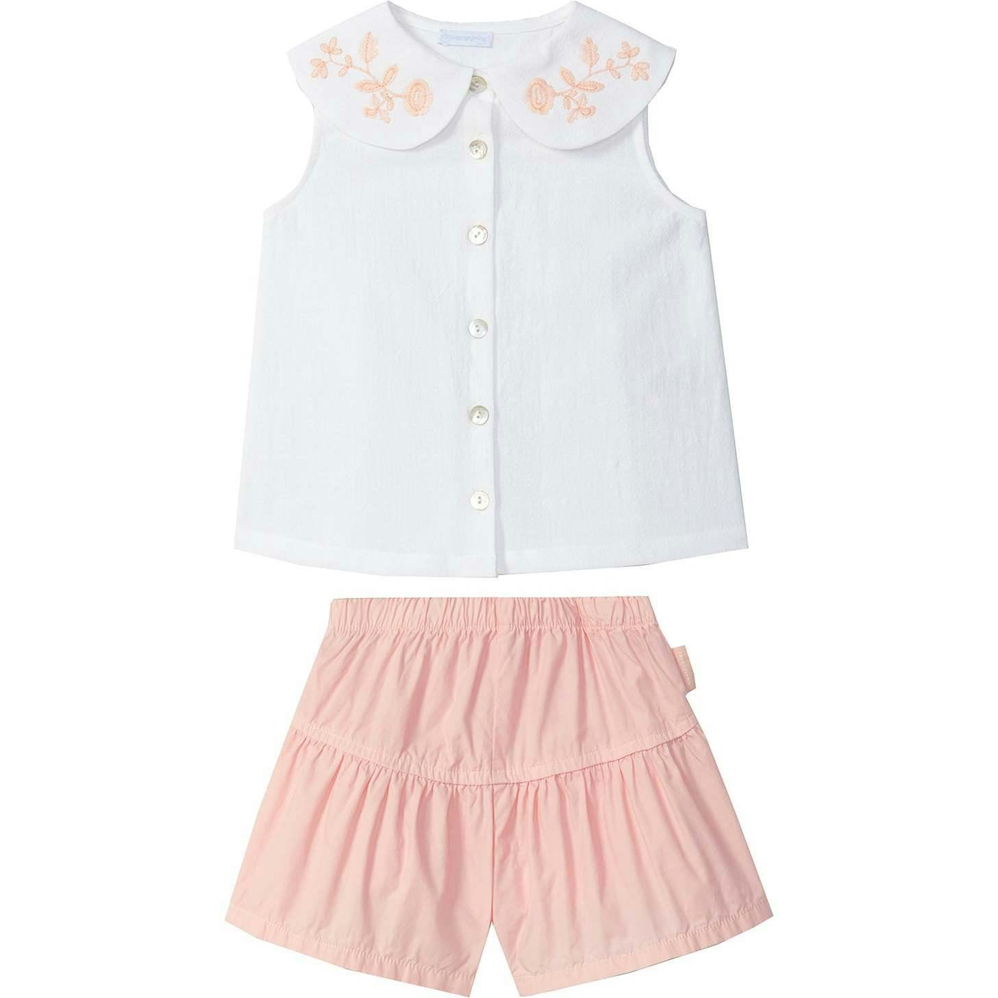 LARANJINHA Embroidered Blouse Shorts Set - Pink & White