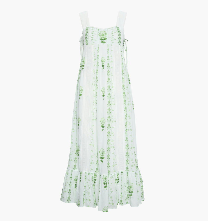 The Lux Nightgown - White/Green Arcadia Border
