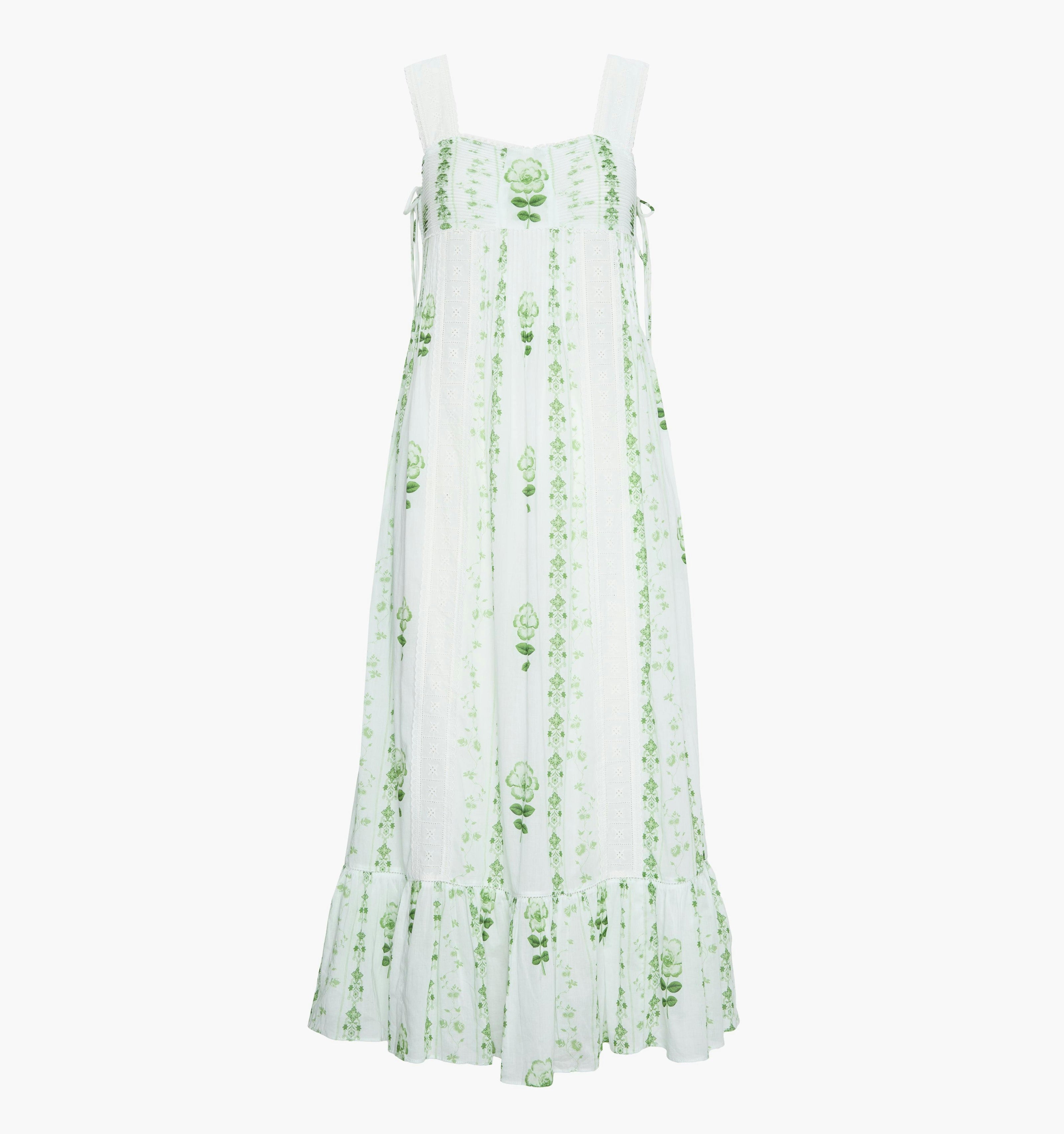 The Lux Nightgown - White/Green Arcadia Border