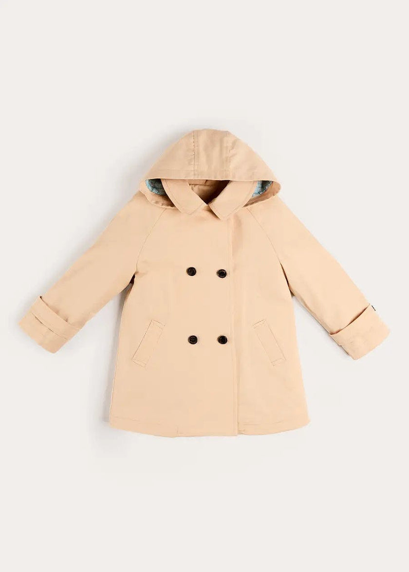 Double Breasted George Check Lined Rain Coat With Detachable Hood in Beige (2-10yrs)