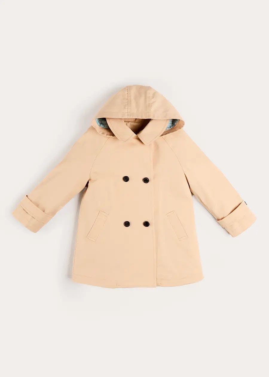 Double Breasted George Check Lined Rain Coat With Detachable Hood in Beige (2-10yrs)
