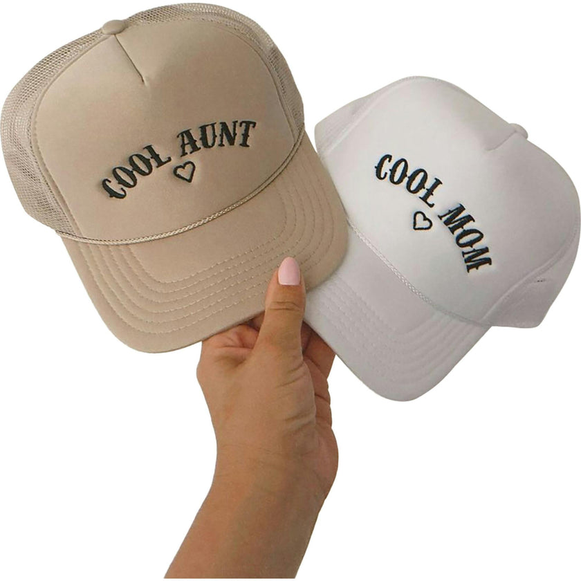 Cool Mom Embroidered Trucker Hat, Beige & Black - OS