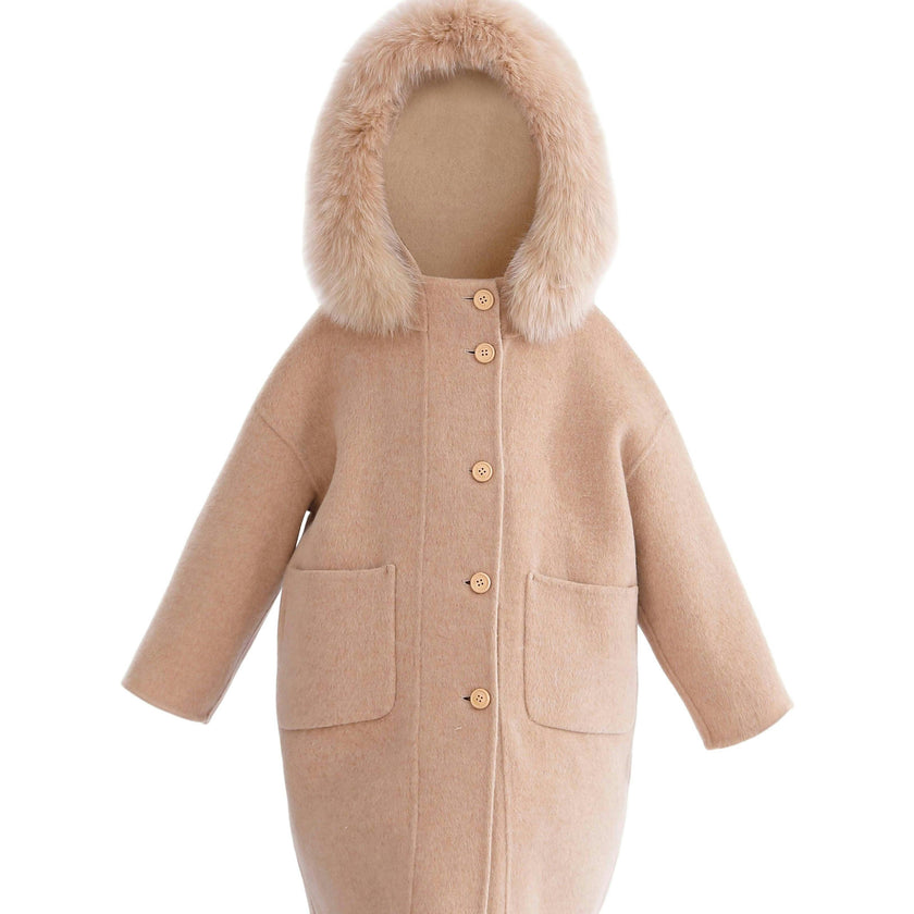 Champagne Wool Coat with Faux Fur Hood