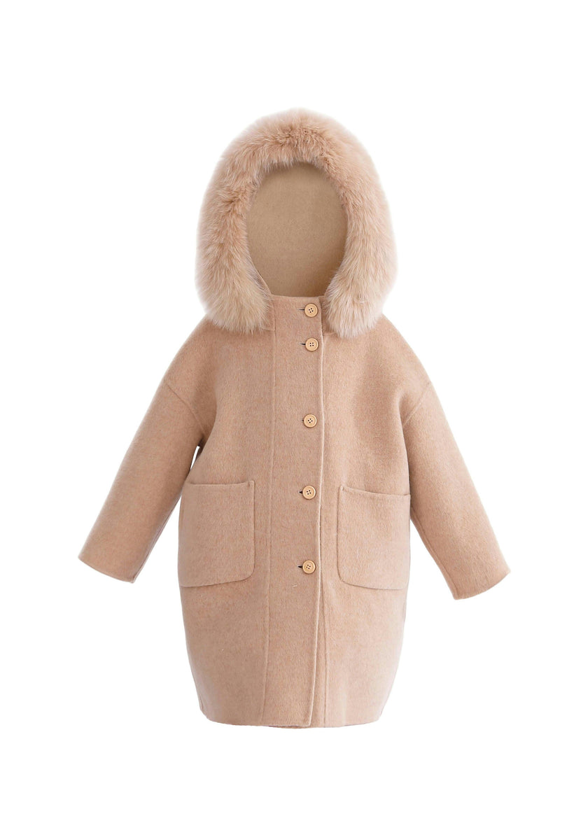 Champagne Wool Coat with Faux Fur Hood