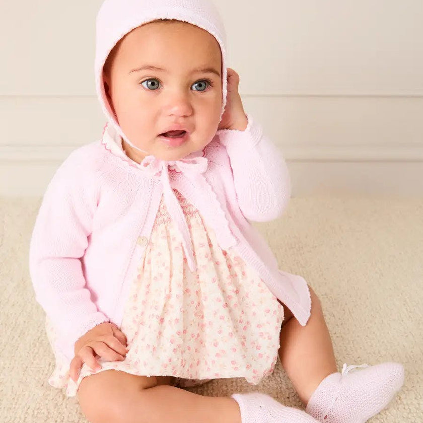 Martha Floral Hand Smocked Cap Sleeve Scallop Collar Dress in Pink (1-9mths)